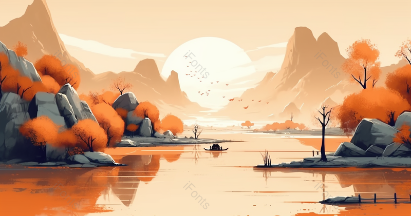 日出唯美意境早晨水墨山水画中国风背景,插画/手绘图,插画/手绘图库,插画/手绘图下载,插画/手绘